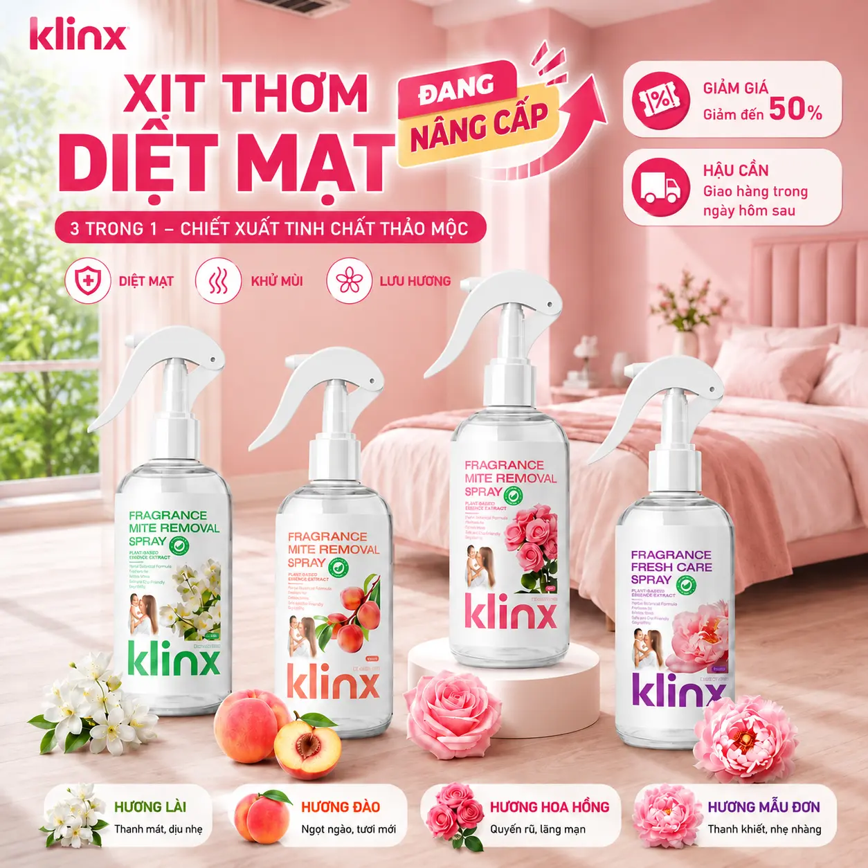 Klinx Premium Scented Dust-Mite Spray for Bedding and Fabrics, No Rinsing Needed, Daily Use, Antibacterial and Dust-Mite Removal