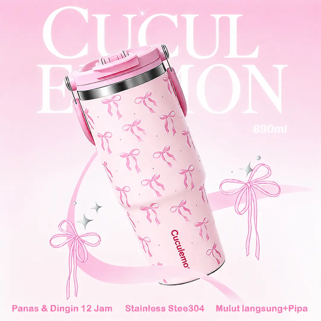 Gobelet isotherme CucuLemon 890 ml en acier inoxydable sous vide, grande gourde antifuite rose à motif papillons et nœud