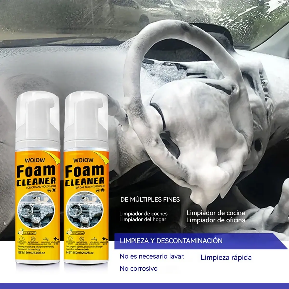 2-Bottle Fragranced Multi-Purpose Foam Cleaner for Car Interiors, Steering Wheels, Seats, Leather, Kitchens and Home Surfaces; Removes Grease and Dirt