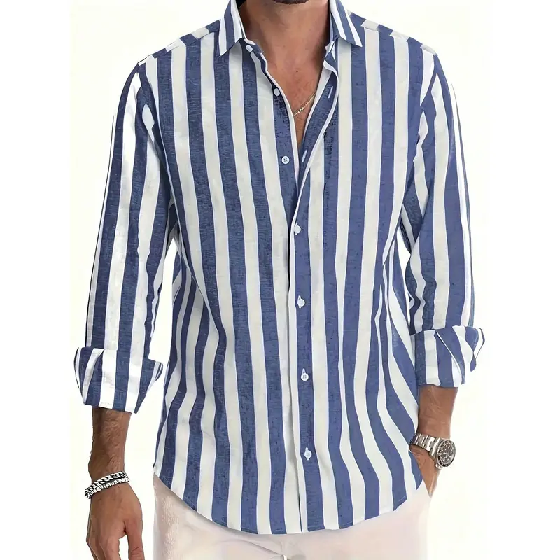 Men's Striped Long-Sleeve Button-Up Shirt with Collar, Casual Style for Dates, Beach Trips, Vacations and Fall
