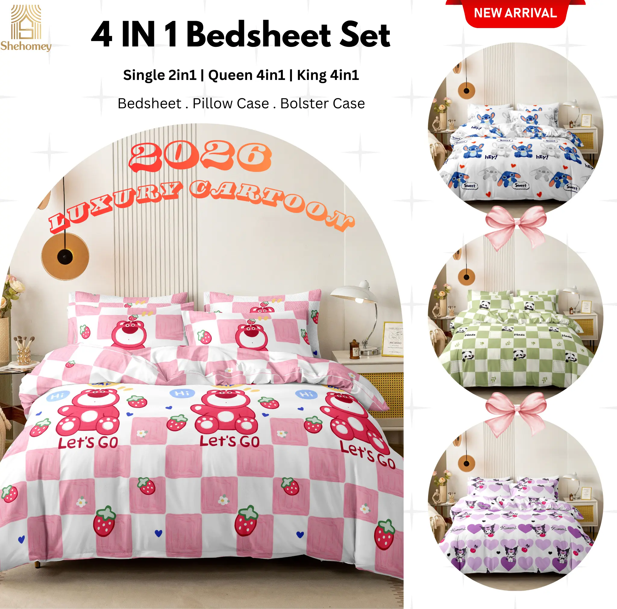 SHEHOMEY Soft Fitted Bedsheet Set, 2-in-1 Single or 4-in-1 Queen/King, All-Around Elastic