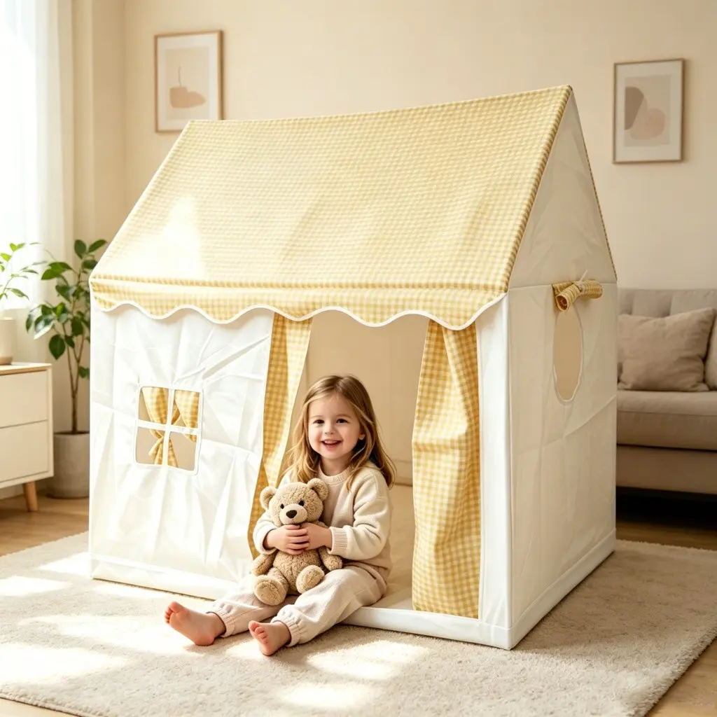 Tenda Rumah Bermain Anak Round Grid Window, dengan Jendela Samping Bermotif Kotak-kotak, untuk Permainan Imajinatif Anak