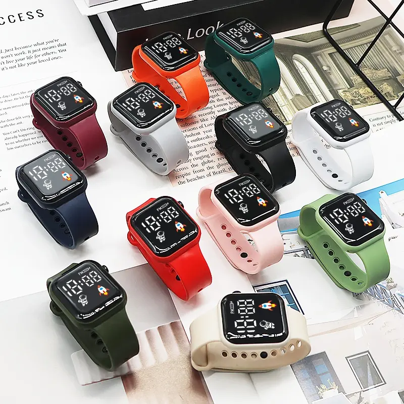 Children's Waterproof Square LED Digital Watch with Silicone Strap for Boys and Girls