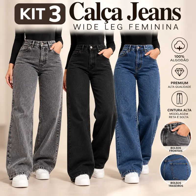 Kit de 3 pantalones de mezclilla wide leg, corte palazzo y cintura alta