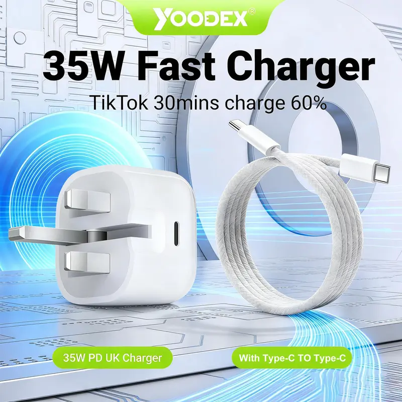 Bộ sạc nhanh Yoodex 35W PD đầu cắm UK kèm cáp USB-C, tương thích iP 15–18, Samsung Galaxy S25 Ultra và điện thoại Android