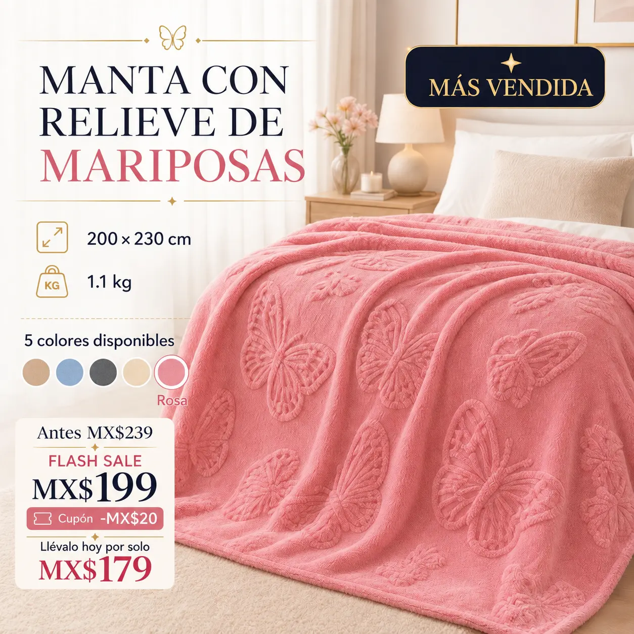 【VivaLaQuincena】【Textiles-dofia】Frazadas,Patrón de mariposa,manta de franela, gruesa, agradable para la piel, suave, lisa, tamaño 200*230
