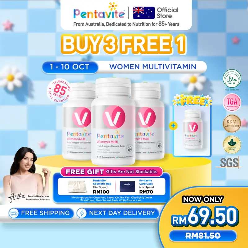 Pentavite UPGRADED Multivitamin für Frauen mit Obst und Gemüse, Kautabletten (150 Tabletten für Erwachsene) – 3 kaufen, 1 gratis / 4 kaufen, 2 gratis