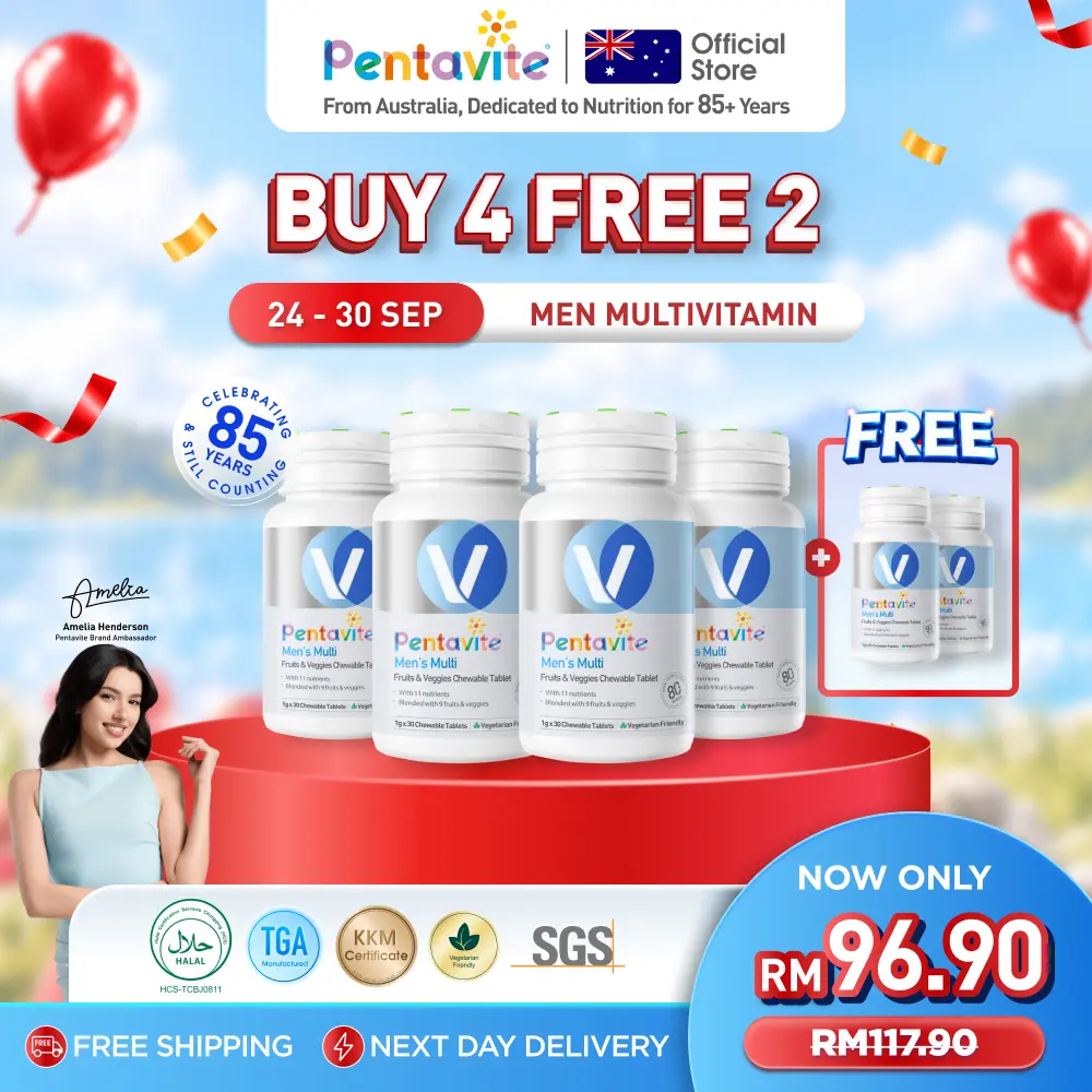 Pentavite Upgraded Men's Fruit and Vegetable Multivitamin with 20 Nutrients for Energy and Daily Wellness, 30–120 Tablets, Buy 3 Get 1 Free or Buy 4 Get 2 Free
