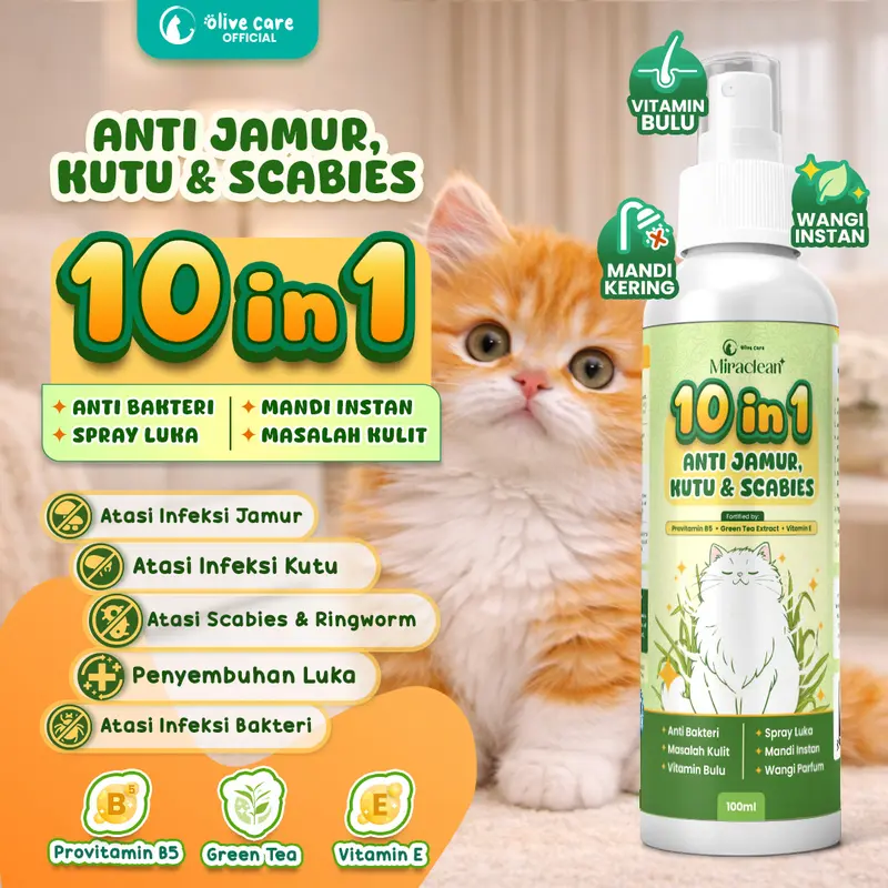 Olive Care 10-in-1 Cat Skin and Coat Spray, Miraclean Dry Shampoo, Fragrance and Hair Mist for Fleas, Fungus, Scabies, Ringworm, Dandruff, Itching and Rashes