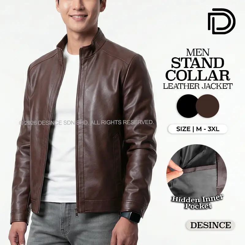 DESINCE Men's Stand-Collar PU Leather Casual Jacket, Long Sleeve, MT 146
