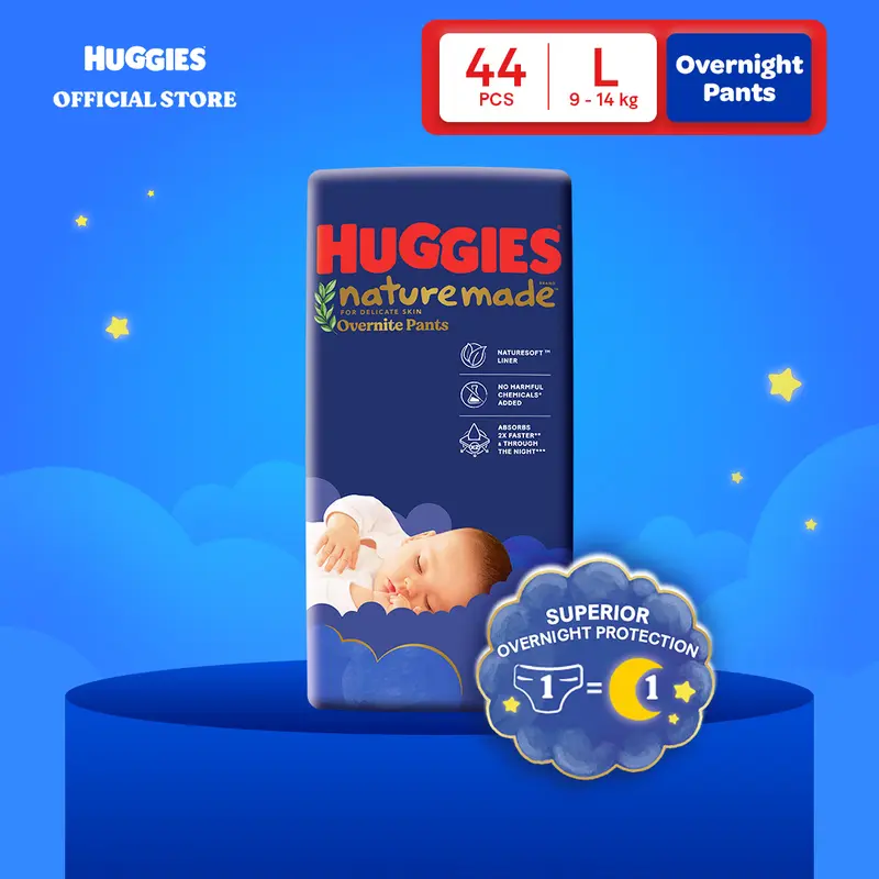 Huggies Naturemade Overnite Diapers, Size L, 44 Pieces