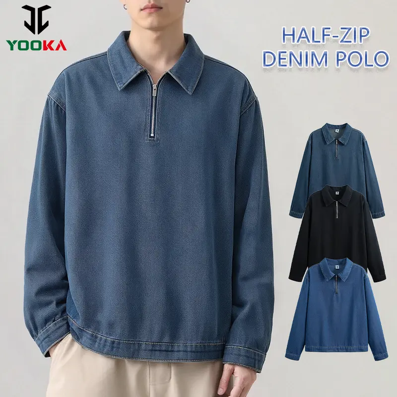 Yooka Kemeja Lelaki Half-Zip Denim Polo Shirt Lengan Panjang untuk Gaya Kasual Collar Shirt Jean Fabric Loose