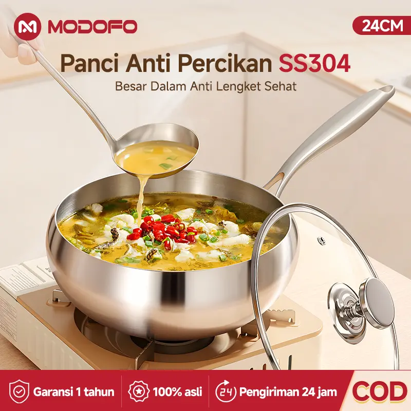 MODOFO Panci Stainless Steel 304 Panci Stainless Steel Tebal 24cm Wajan Anti Lengket Panci Mie Rebus Panci Set Lengkap Anti Lengket Wajan Penggorengan Anti Lengket Kuali Anti Lengket Wajan Stainless Steel Anti Lengket Panci Sayur Wajan Jumbo ORI