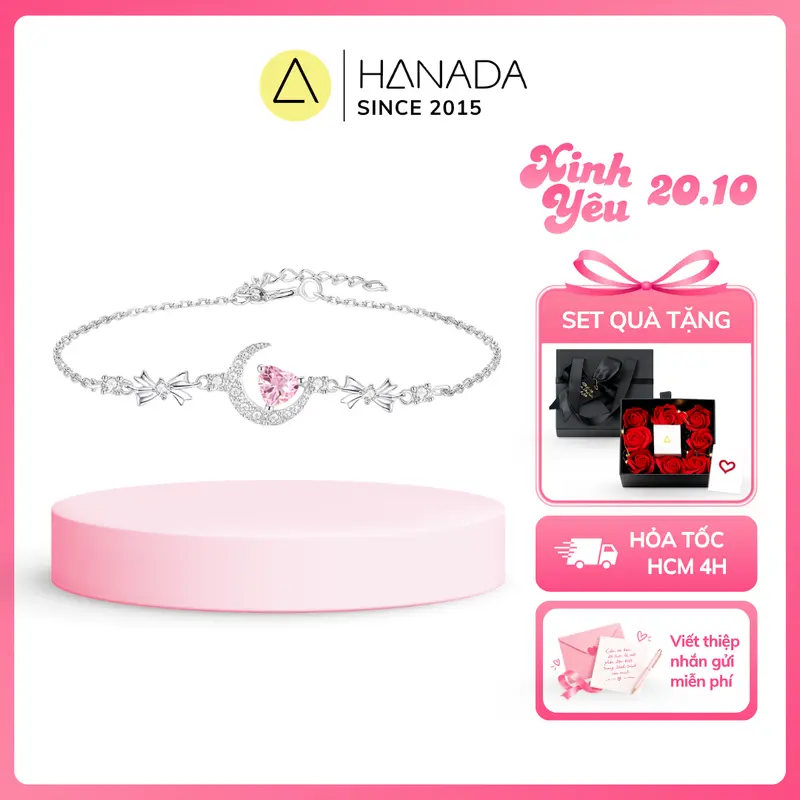 Set quà tặng 20/10 Lắc Tay Bạc 925 HANADA Trái Tim Mặt Trăng Đá Hồng, Vòng tay nữ Tặng Bạn Gái Ý Nghĩa, Bộ Trang Sức Cao Cấp Dây Chuyền Và Vòng Tay Nữ 2835 2854