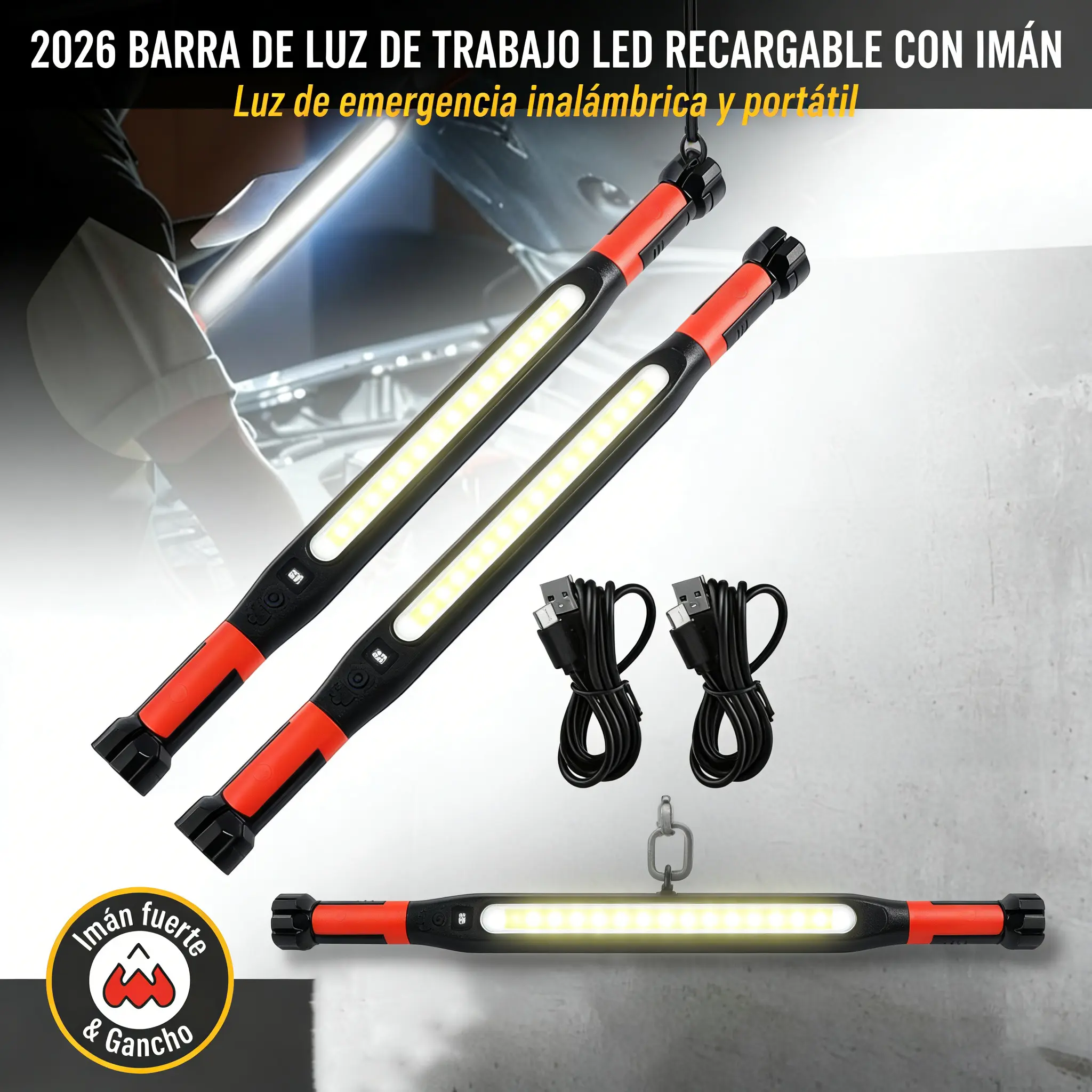 Lámpara LED de trabajo de 3000 lm superbrillante con gancho magnético giratorio de 360°, recargable e impermeable para auto y emergencias
