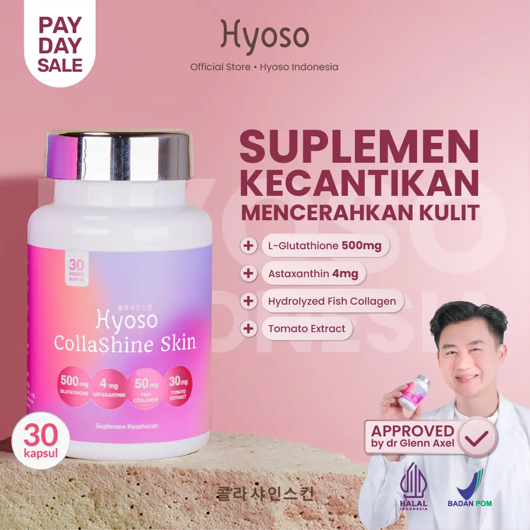 Hyoso CollaShine Skin, 1 Flasche mit 30 Kapseln | reduziertes L-Glutathion 500 mg, Astaxanthin 4 mg, Kollagen und Tomatenextrakt | Nahrungsergänzung für strahlende Haut | BPOM, HALAL