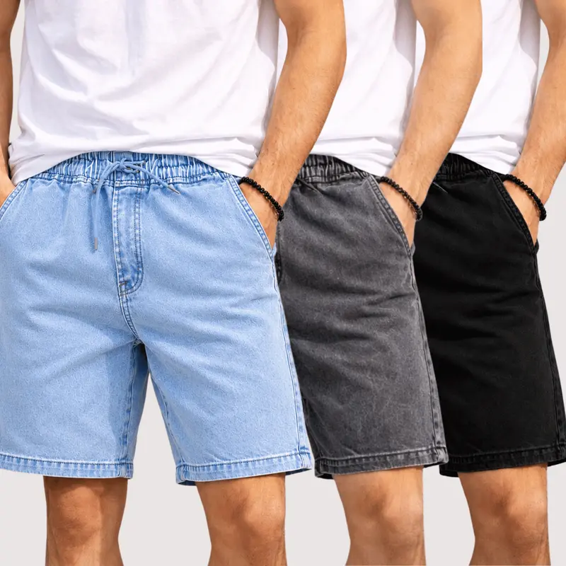 Quần short nam kiểu bermuda mauricinho vải jeans màu xám than hoặc xanh, dáng ngắn mùa hè, cỡ P–GG, 100% cotton, cạp chun, túi trước và sau