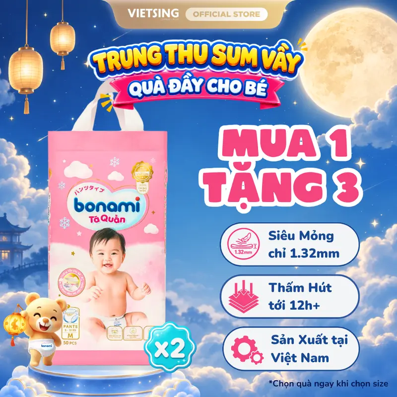 [SALE 15.9] Combo 2 Bịch Bỉm Bonami Chính Hãng Siêu Thấm Hút Mềm Mại An Toàn Cho Bé Từ 2kg-35kg Đủ Size NB-4XL [TẶNG Set 4 Bàn Chải/ Bình Đựng Nước/ Gối Xô Chống Bẹp Đầu/ Bịch Khăn Giấy 10 Gói/ 2 Gói Khăn Ướt Bonami + Túi Tote Bonami + Gói Bỉm Dùng Thử]
