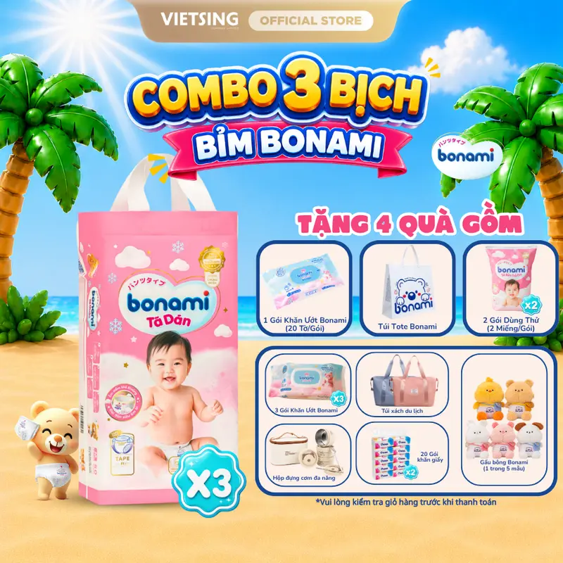 Bonami Baby Diapers, 3-Pack Bundle, Sizes NB–4XL for 2–35 kg, Buy 1 Get 4 Offer with Listed Gifts