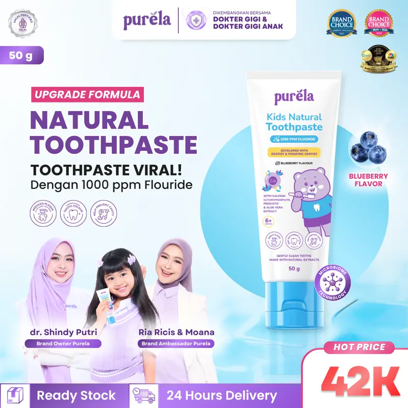 [OFFICIAL] PURELA NATURAL TOOTHPASTE (50gr) - Pasta Gigi Bayi dan Anak Cegah Karies dan Gigi Berlubang - 1000ppm Flouride - Rasa Blueberry - Calcium Glycerophosphate, Prebiotic, dan Aloevera