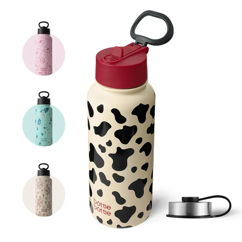 BOTTLE BOTTLE 1L Stainless Steel Water Bottle, Pink Floral Design, Straight Drinking Spout and Straw, Double-Wall Vacuum Insulation for Hot or Cold Drinks
