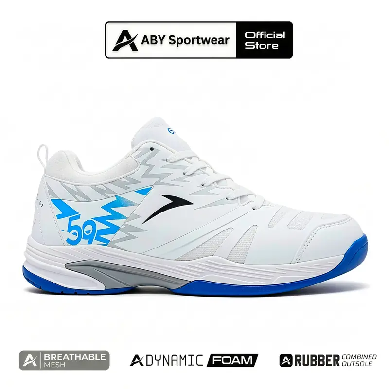 GLVIU Hyperstorm 59 Badminton Shoes, White and Blue, Sizes 38–44, Also for Volleyball and Tennis
