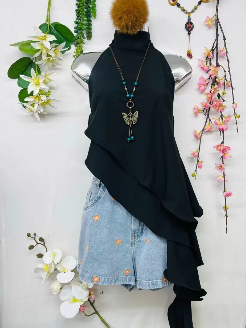 T124 Sleeveless High-Neck Top with Elegant Asymmetric Ruffle