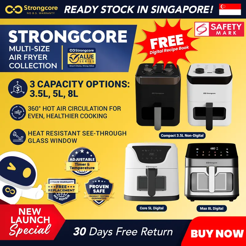 Strongcore Multi-Size Air Fryer Collection 3.5L / 5L / 8L | Oil-Free Cooking, 360° Hot Air, Digital Presets or Manual Knob, Visible Glass Window, Auto Shut-Off Protection, 60-Min Timer, Non-Stick Basket, Compact or Family Size Options