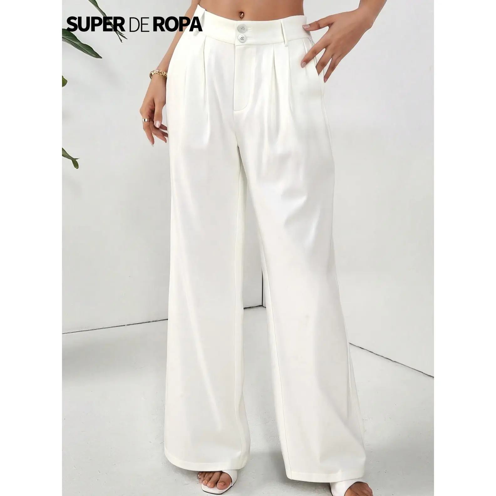 Celana Wide Leg Wanita Pinggang Tinggi dengan Kancing Ganda, Lipit Depan, Bahan Jatuh Polos, dan Saku Samping