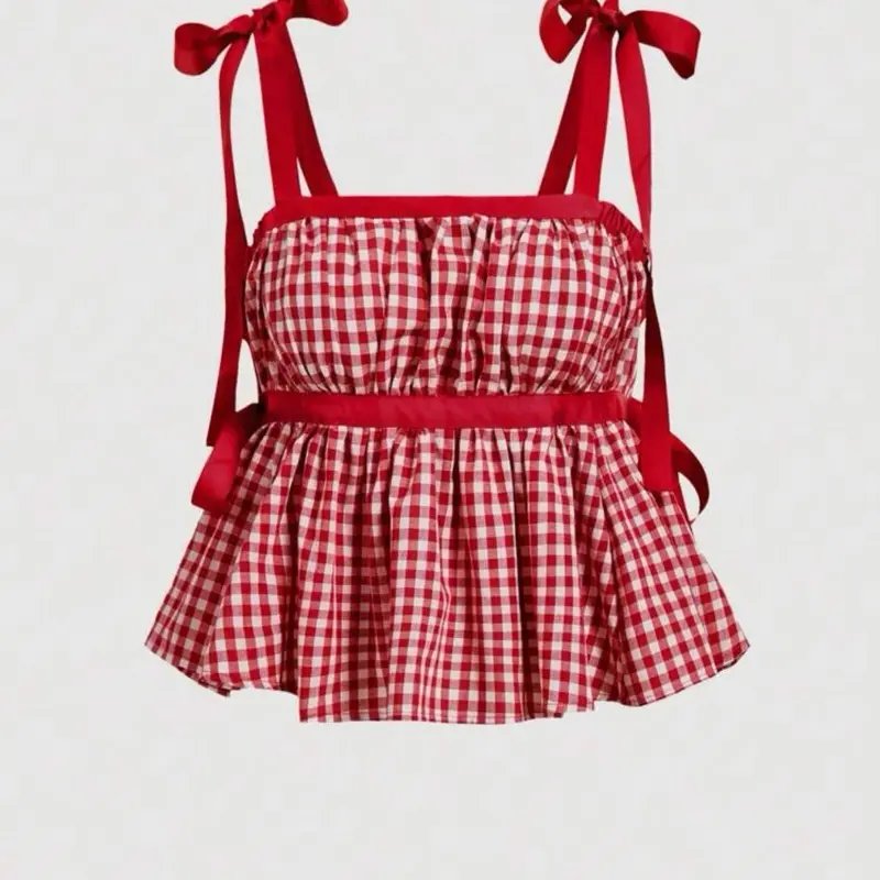 Dahlia Top femme, dos-nu à carreaux vichy avec nœuds et ourlet volanté