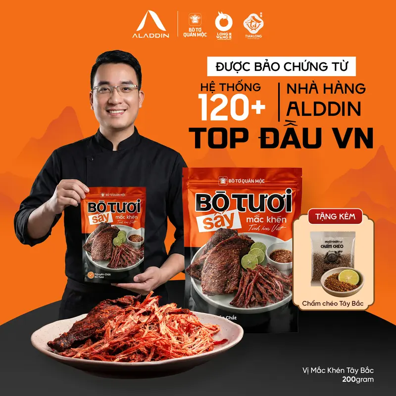 [Tặng Voucher Nhà Hàng 200K và chẩm chéo] Bò Tươi Sấy Mắc Khén Aladdin 200g - Thịt Mềm Ngọt, Cay Thơm Chuẩn Vị Tây Bắc