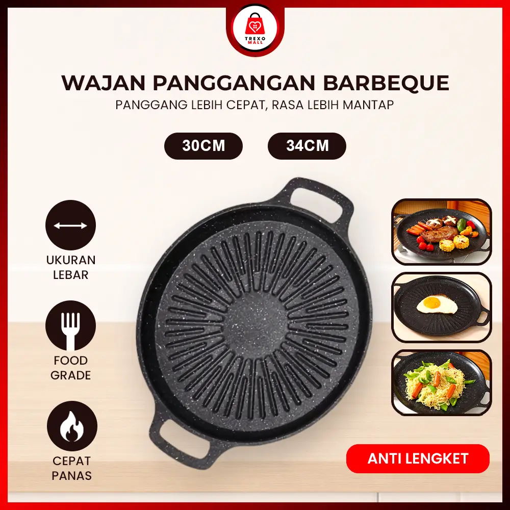 Poêle-gril ronde antiadhésive de 34 cm, plaque plate pour BBQ, viande et légumes