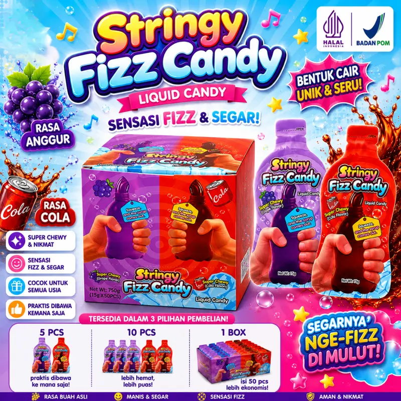 Best Seller  Stringy Fizz Candy | Permen Serat Elastis Rasa Cola & Anggur | Sensasi Fizzy Pop, Kemasan Individual