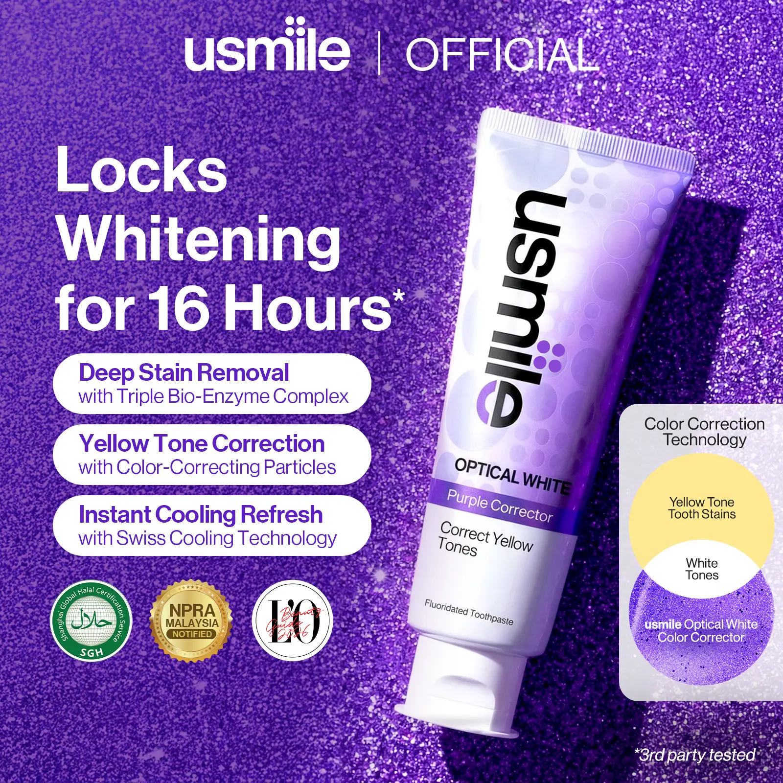 【热卖】usmile Optical White紫色牙膏，薄荷葡萄味100g/支，双色校色、3D校色、美白、恢复牙釉质自然光泽、清真、支持COD
