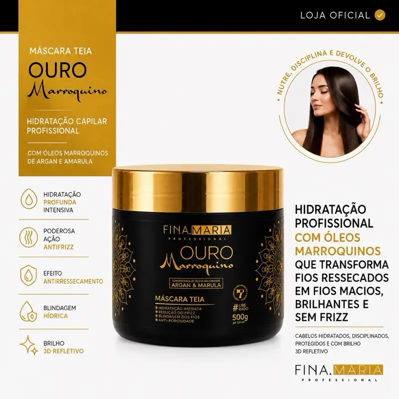Fina Maria Professional Moroccan Gold Hair Hydration Treatment, 500 g, Anti-Frizz Web Effect with Marula and Argan Oils