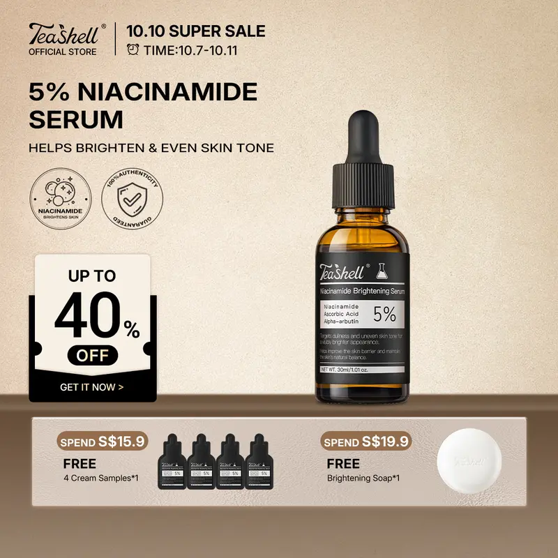 Sérum clareador JMCY × Teashell com 5% de niacinamida e alfa-arbutina, 30 ml, para manchas escuras, hidratação duradoura e pele sensível