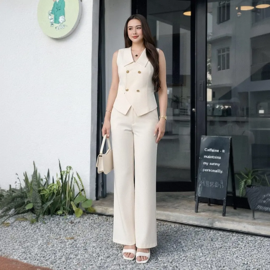 Kylie Damen-Zweiteiler mit Weste, ausgestellter Hose und elastischem Bund