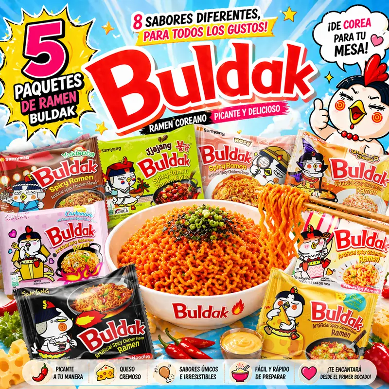 Ramen Coreano Buldak 5 Pack | Fideos Picantes | Instantáneos | Hot Chicken Noodles