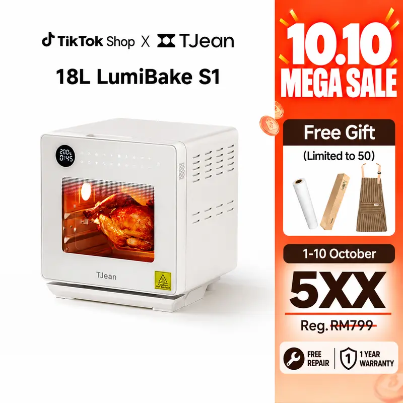 Oven Multifungsi TJean 18L dengan Panel Sentuh Pintar, 43 Menu AI, dan Pintu Kaca 3 Lapis untuk Efisiensi Energi Optimal