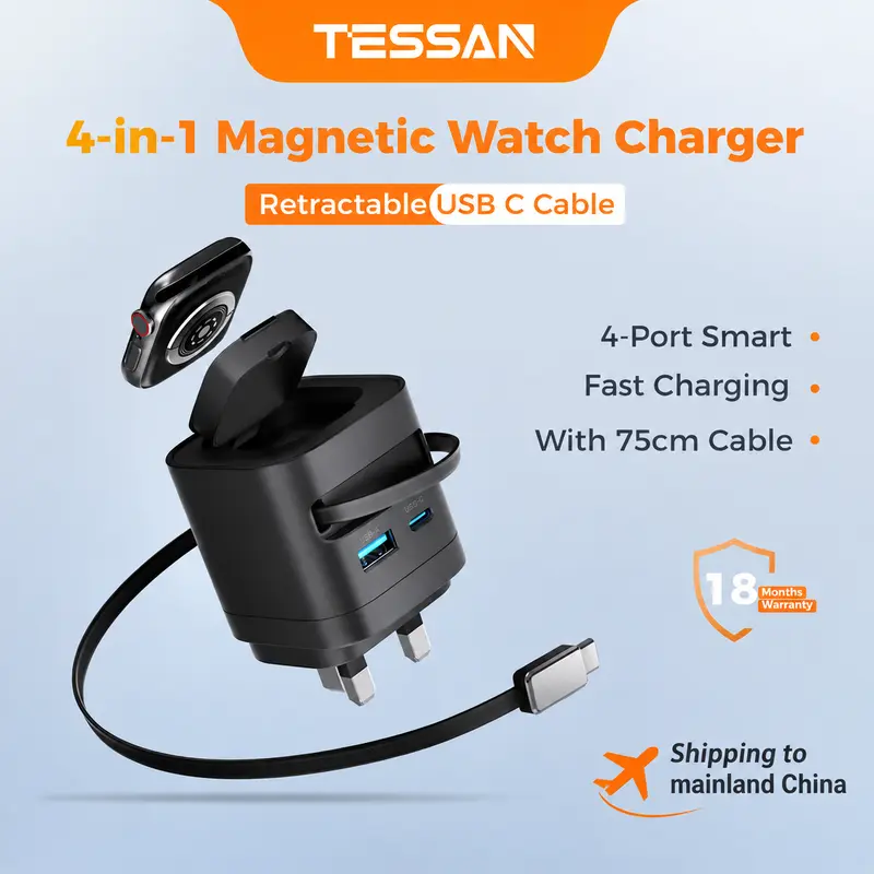 Carregador de parede TESSAN 4 em 1 GaN com cabo retrátil, portas USB-C e carregador magnético sem fio para relógio