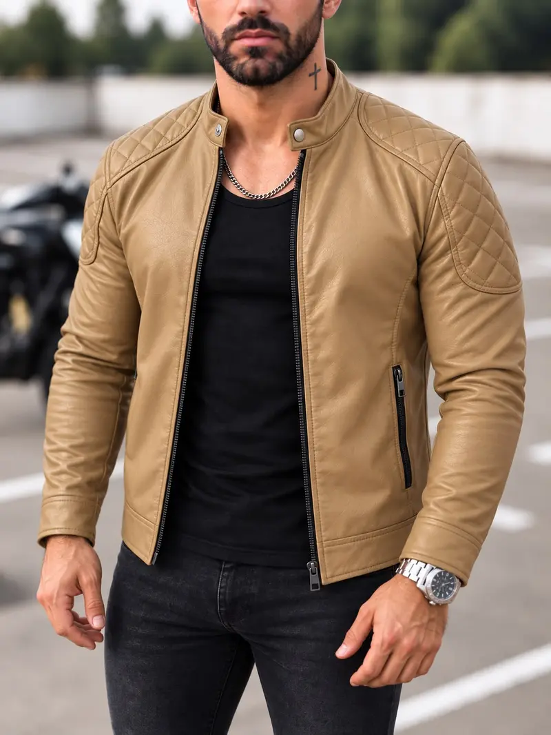 A&R Herren-Bikerjacke aus Kunstleder, Slim Fit, urbaner Stil, mit Reißverschluss und Flanellfutter