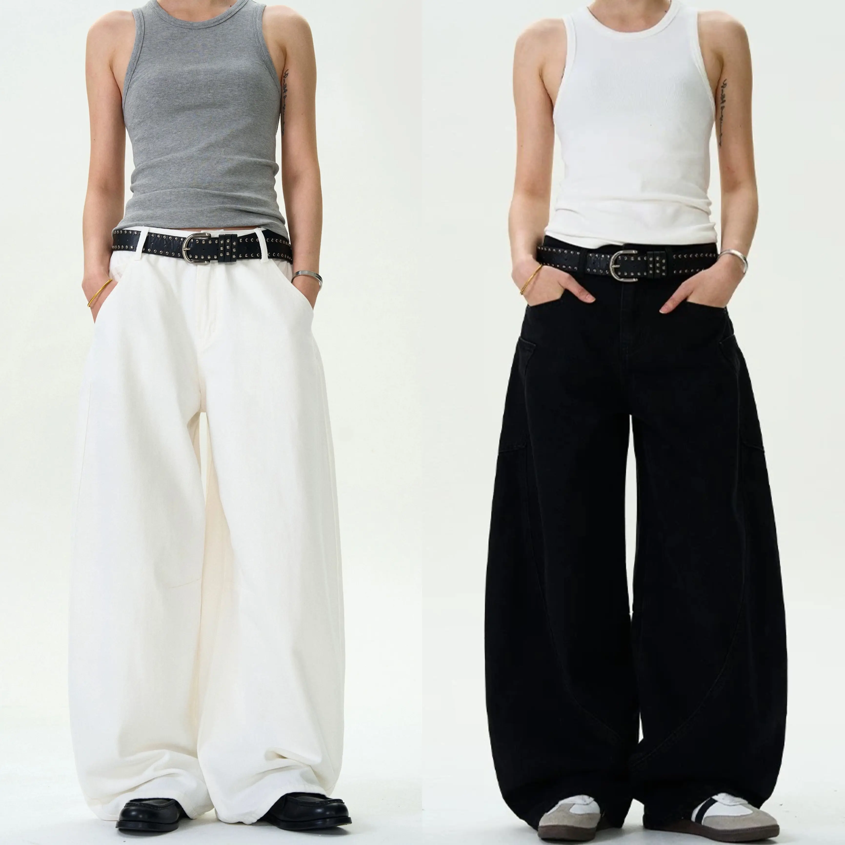 Jeans unisex MANNERED de mezclilla gruesa negro gris, corte barrel ancho y holgado, pierna curva y largo hasta el suelo
