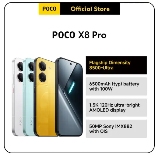 Smartphone POCO X8 Pro | Dimensity 8500-Ultra Kelas Flagship, Baterai 6500mAh (typ) dengan 100W HyperCharge, Layar AMOLED 1.5K 120Hz Ultra Terang