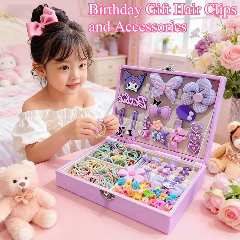 Cute Cartoon Kids Hair Accessories Gift Box for Girls with 16 Hair Clips, 30 Small Clips, 10 Rings, and 100 Thumbtacks - Ideal Birthday Gift for Little Girls