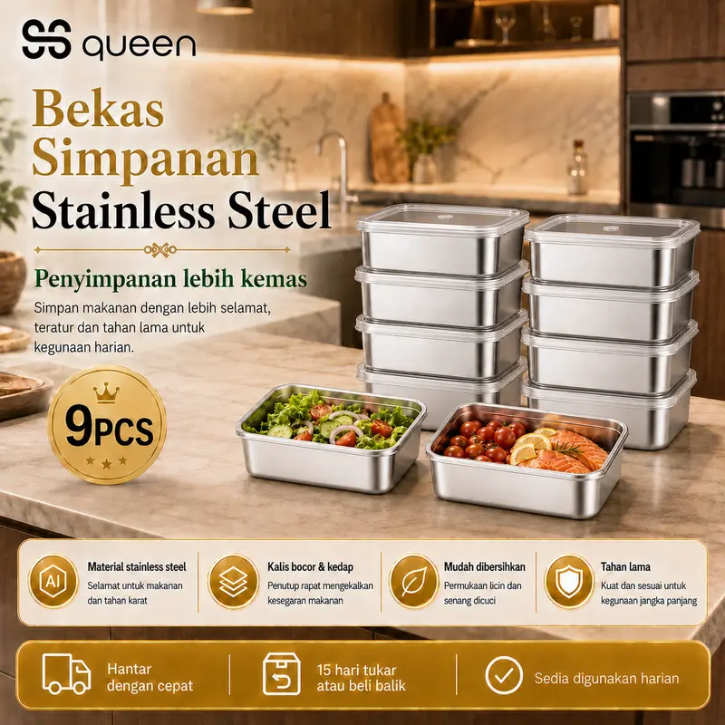 SS QUEEN Bekas Makanan Keluli Tahan Karat– Penutup Lutsinar, Boleh Ditindan & Kalis Bocor, Selamat Mesin Basuh Pinggan, Sesuai untuk Buah, Sayur & Lebihan Makanan