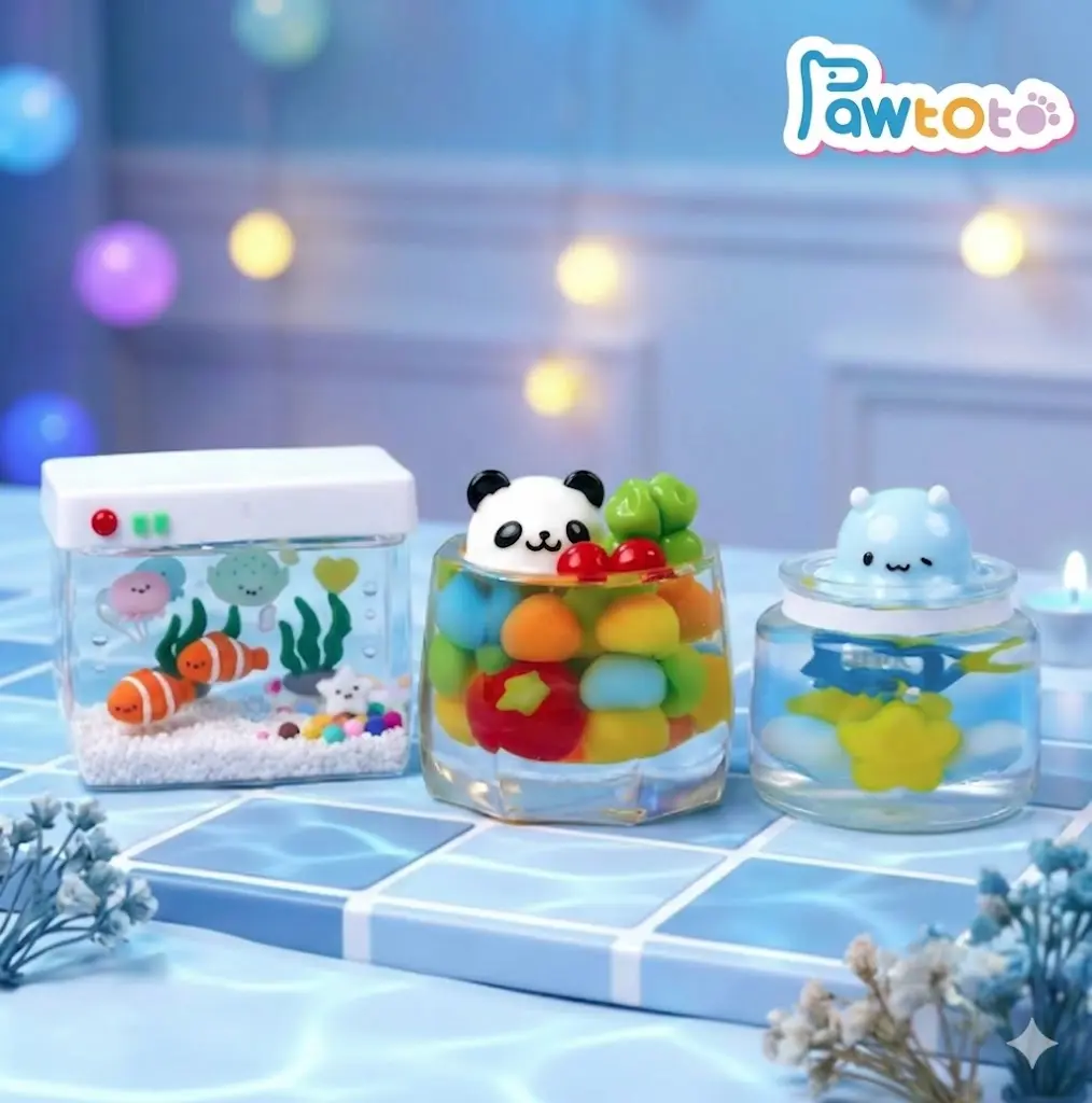 Adorno blando Pawtoto Serie Acuario con diseño de pecera, silicona de grado alimentario, decoración relajante y regalo