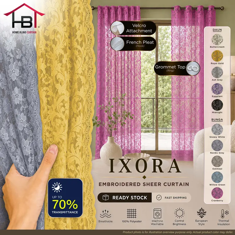 Rideau IXORA HOMEBLIND en dentelle brodée et voilage semi-occultant, fixation Velcro, crochets ou œillets