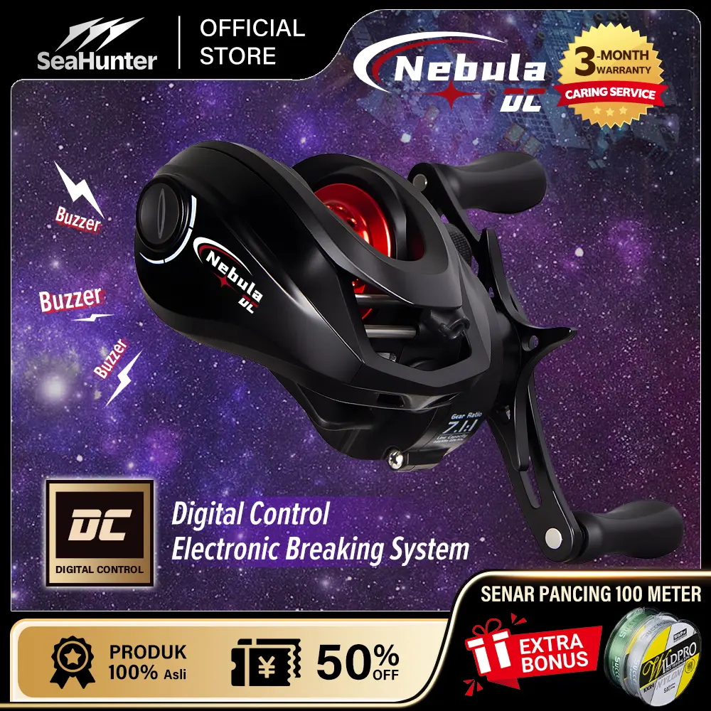 [OFFICIAL] SeaHunter Nebula DC Reel BC Baitcasting dengan Kontrol Rem Digital, Gear Ratio 7.1:1, Ball Bearing 6+1BB, Max Drag 5Kg, Drag Clicker, Bobot Umpan 2.5g-20g, Anti-Backlash untuk Pancing Mikro Air Tawar dan Laut