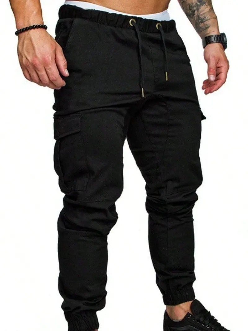 Pantalones de jogging para hombre, tejido de algodón puro, diseño con múltiples bolsillos, cintura elástica con cordón, duraderos y transpirables, estilo urbano/street.