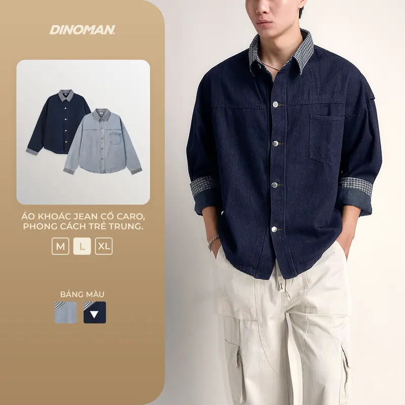 Jaqueta jeans unissex DINOMAN SM029 com gola xadrez, botões de metal e mangas longas, jeans macio e encorpado, fácil de combinar
